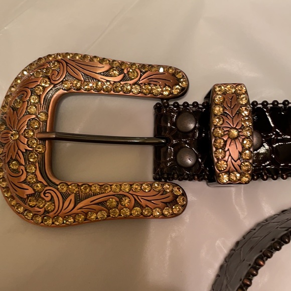 BB SIMON NEW WESTERN BROWN LEATHER BLINGED OUT WITH CRYSTALS IN COPPER main image 5